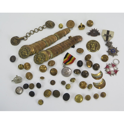 1553 - A collection of medals and regimental buttons, includes Polish Silver Cross for Merits, Belgium Orde... 