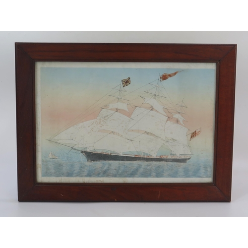 1559 - A hand coloured print of a three-masted sailing ship, F & G 13 x 47cm.