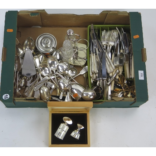 703 - A collection of assorted plated flatwares, wine funnel,  napkin rings etc