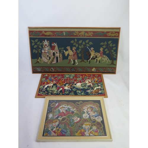 1348 - A woolwork picture of a medieval hunting scene, 52cm x 103cm, together with two other woolwork pictu... 