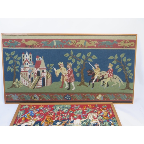 1348 - A woolwork picture of a medieval hunting scene, 52cm x 103cm, together with two other woolwork pictu... 