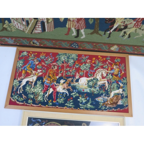 1348 - A woolwork picture of a medieval hunting scene, 52cm x 103cm, together with two other woolwork pictu... 