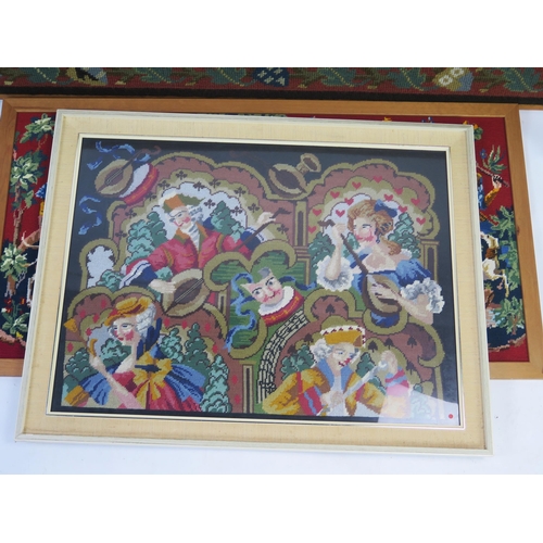 1348 - A woolwork picture of a medieval hunting scene, 52cm x 103cm, together with two other woolwork pictu... 