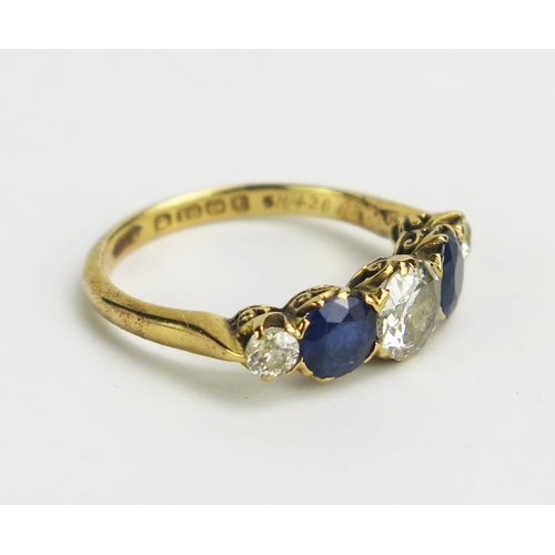 1 - An Antique 18ct Gold, Sapphire and Diamond Five Stone Ring, 5.45mm principal old cut with 2.15mm sto... 