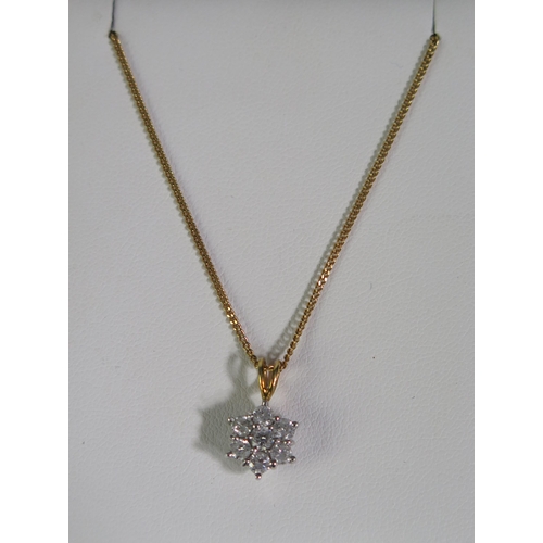 104 - An 18ct Gold and Platinum Set Diamond Cluster Pendant, c. 10.7mm diam., on a 15.75