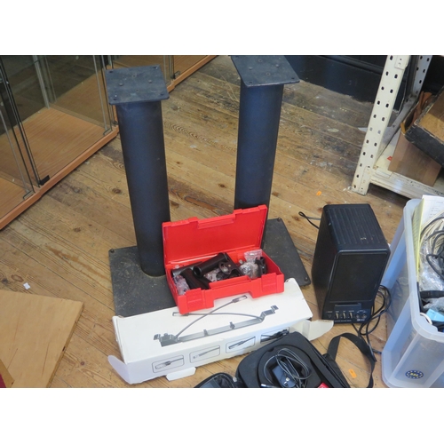 1076 - Audio Equipment Group including Yamaha MS20S Speaker, Toa Wireless Microphone and Tuner, box of cabl... 