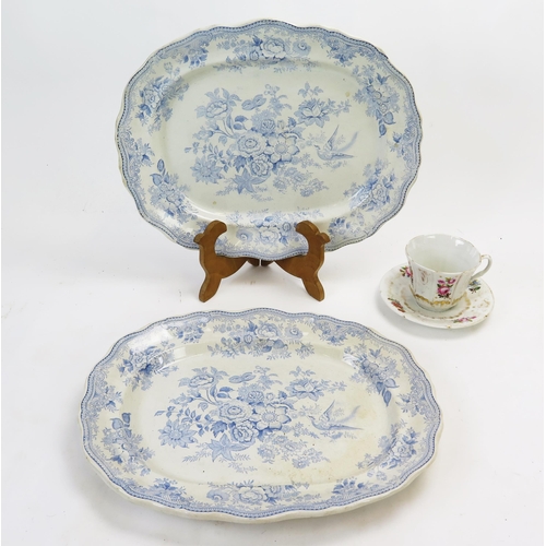 1103 - A pair of 19th century meat plates with blue and white transfer print decoration, together with a la... 