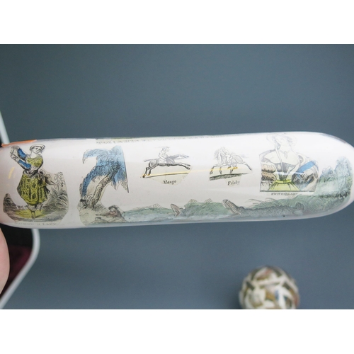 1116 - Two clear glass and decoupage decorated rolling pins, 36cm long together with a matching ball. (3).