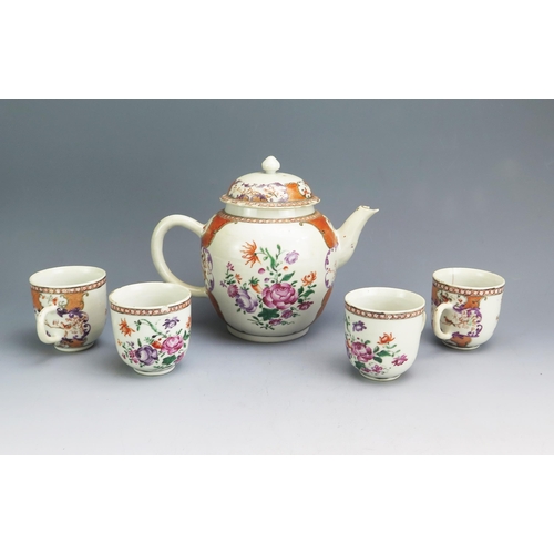 1136 - A 19th century Chinese Famille Rose export teapot and four tea cups. (5).