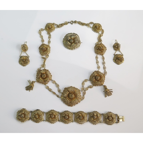 115 - A Cannetille Silver Gilt Filigree Demi Parure Set comprising a necklace, bracelet, earring and a bro... 