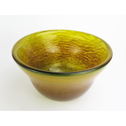 1155 - A Murano style glass vase with yellow jade variegated decoration, 14cm high, 25cm diameter.