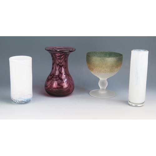 1158 - Two opaque and blue glass sleeve vases, 20cm and 17cm high, a variegated glass goblet  and pink glas... 