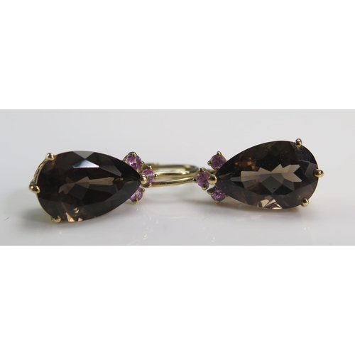 116 - A Pair of Smoky Quartz and Pink Tourmaline? Earrings, 26.25mm drop, hallmarked, 3.7g