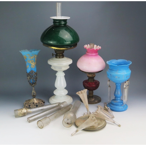 1160 - Two opaque and coloured glass oil lamps, incomplete epergne, and two blue glass vases, a/f.