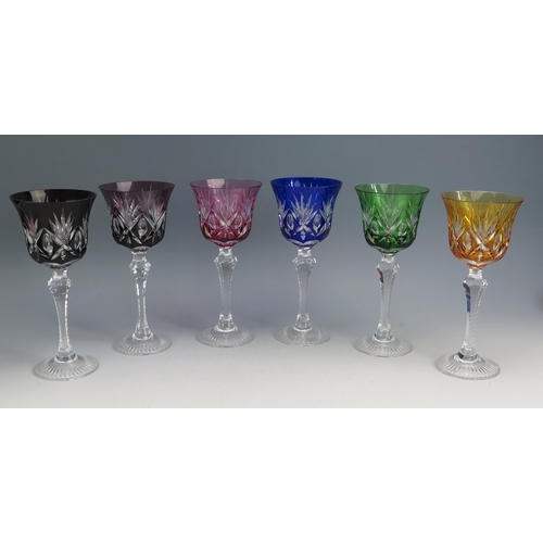 1160A - A set of six German various coloured glass hock glasses, with palmette decoration.