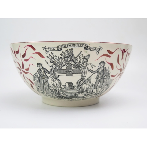 1167 - A lustre ware style bowl with monochrome transfer print of the 'Ship  Caroline' to the interior, and... 