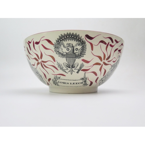 1167 - A lustre ware style bowl with monochrome transfer print of the 'Ship  Caroline' to the interior, and... 