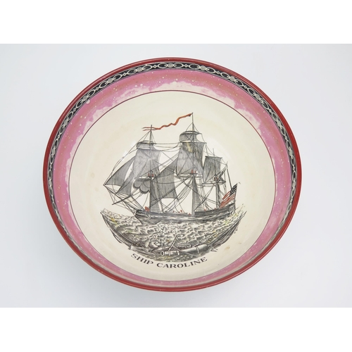 1167 - A lustre ware style bowl with monochrome transfer print of the 'Ship  Caroline' to the interior, and... 