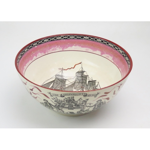 1167 - A lustre ware style bowl with monochrome transfer print of the 'Ship  Caroline' to the interior, and... 