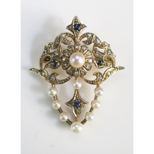 118 - A 9ct Gold, Sapphire, Pearl or Cultured Pearl and Diamond Pendant Brooch, 41.9x34.7mm, hallmarked, 7... 