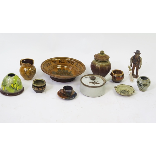 1180 - A collection of assorted studio pottery wares, including fruit bowl, casserole pot and cover, vases,... 