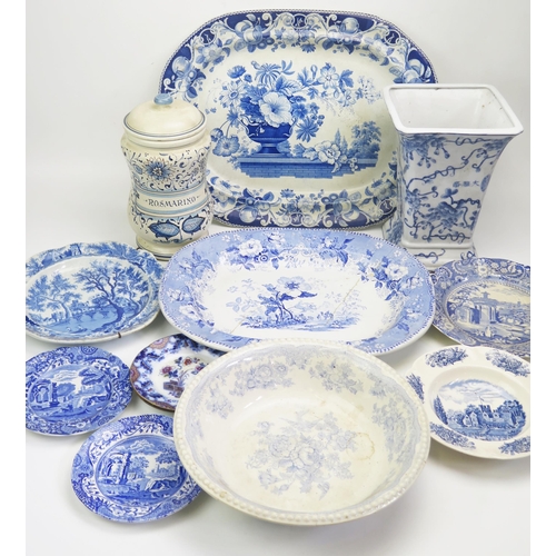 1182 - A collection of blue and white transfer printed wares, includes meat plates, fruit bowl, vase, jug a... 