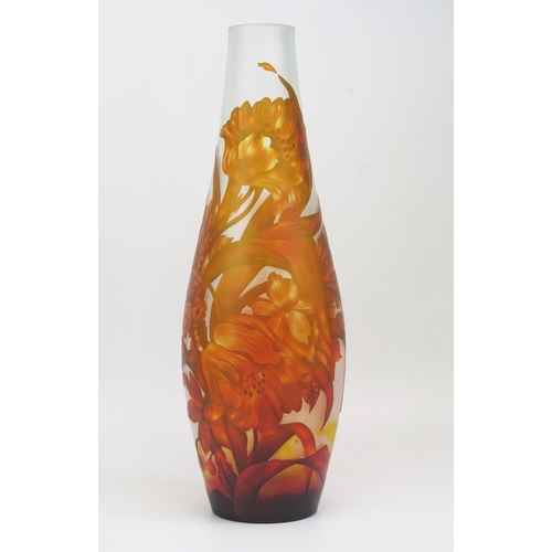 1183 - After Emile Galle, a large cameo glass vase of elongated ovoid form, with floral decoration, signed ... 