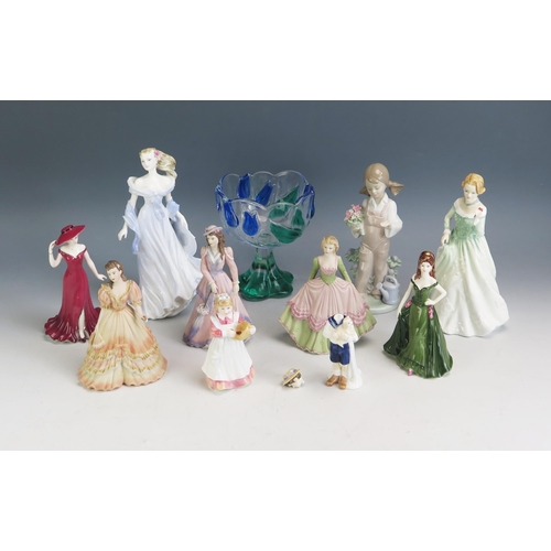 1198 - A collection of Royal Doulton, Coalport and Lladro figurines, together with a Murano style glass vas... 