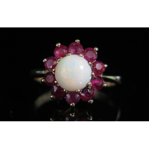 122 - A 9ct Gold, Opal and Red Stone Cluster Ring, size P.5, hallmarked, 3.8g