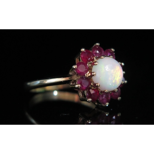 122 - A 9ct Gold, Opal and Red Stone Cluster Ring, size P.5, hallmarked, 3.8g