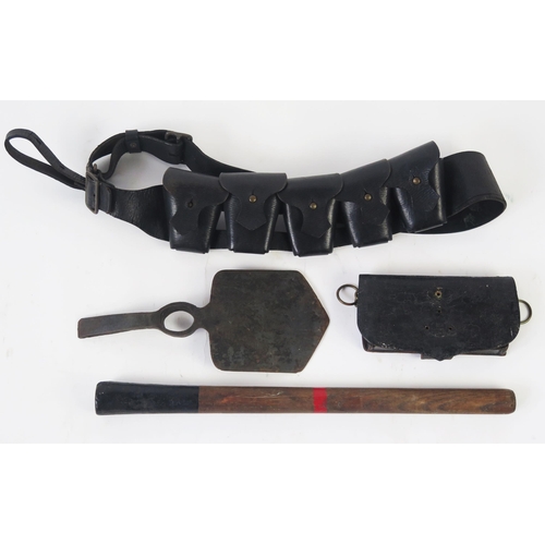 1223 - A British army entrenching tool,  a black leather cross belt pouch, and an ammunition belt.