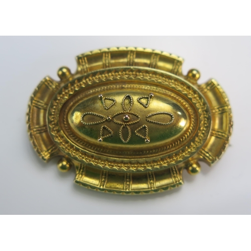 124 - A Victorian 9ct Gold Etruscan Style Brooch, 37.6x27mm, Chester 1875, 4.18g