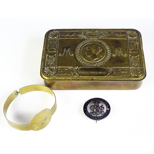 1241 - A World War One period Princess Mary Christmas box, brass bracelet, and services rendered badge