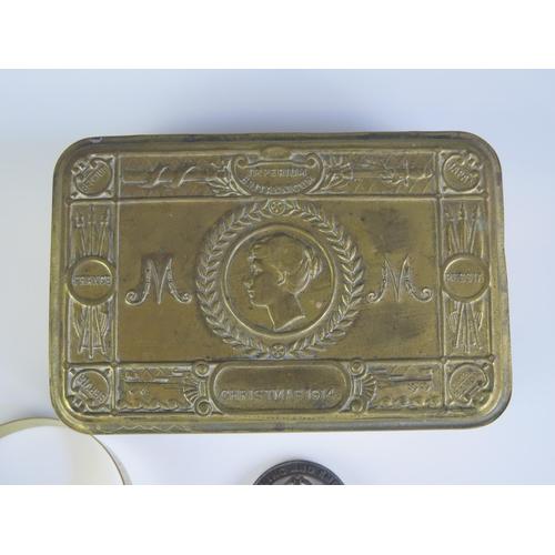 1241 - A World War One period Princess Mary Christmas box, brass bracelet, and services rendered badge