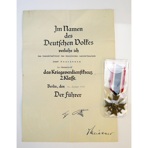 1244C - A Third Reich period War Merit Cross 2nd class, together with certificate to Josef Buschbaum.