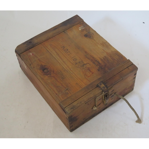 1245B - A German stained wood ammunition box, with hinged lid and metal clasp, stenciled marks.45cm long.