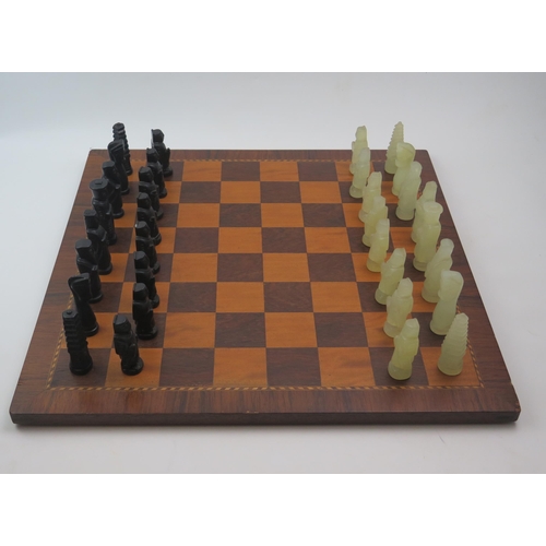 1254 - A Modern jadeite Chinese Chess Set, the king 8cm high, the pawn 6.5cm high,  with a marquetry inlaid... 