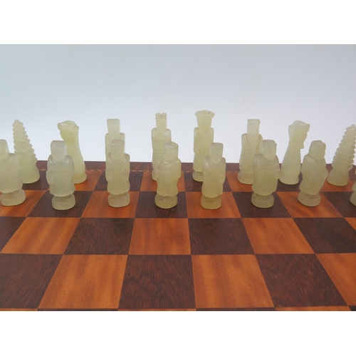 1254 - A Modern jadeite Chinese Chess Set, the king 8cm high, the pawn 6.5cm high,  with a marquetry inlaid... 