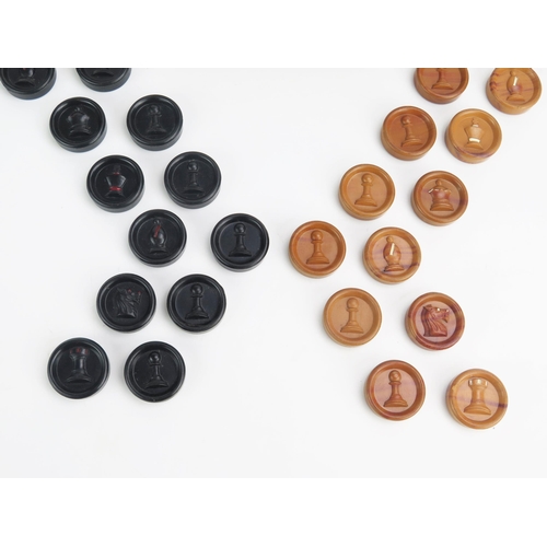 1259 - A Bakelite combination chess and draughts set, with brown and black discs, the chess pieces raised i... 