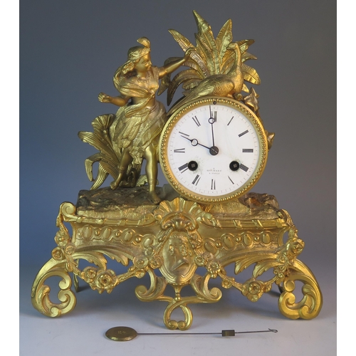 1276 - Henry Marc, Paris, a late 19th century gilt metal figural mantel clock, surmounted by a peacock and ... 