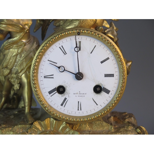 1276 - Henry Marc, Paris, a late 19th century gilt metal figural mantel clock, surmounted by a peacock and ... 