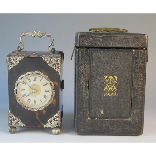 1279 - A Victorian Tortoiseshell and Silver Mounted Repeating Carriage Clock, London 1894, 16cm. contained ... 