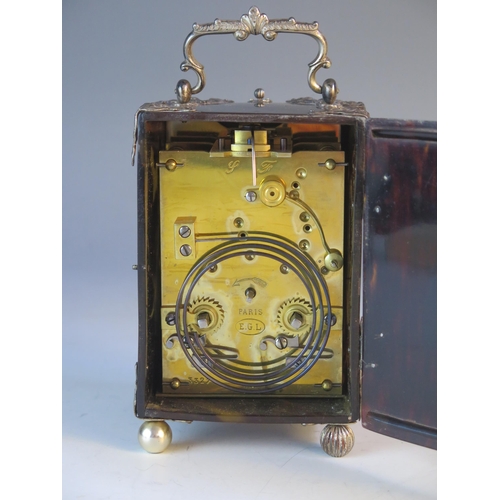 1279 - A Victorian Tortoiseshell and Silver Mounted Repeating Carriage Clock, London 1894, 16cm. contained ... 