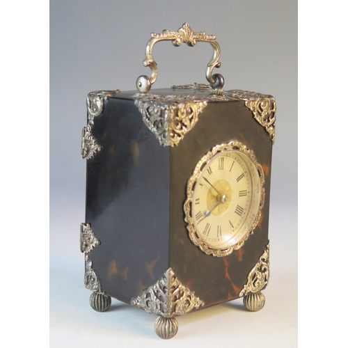 1279 - A Victorian Tortoiseshell and Silver Mounted Repeating Carriage Clock, London 1894, 16cm. contained ... 