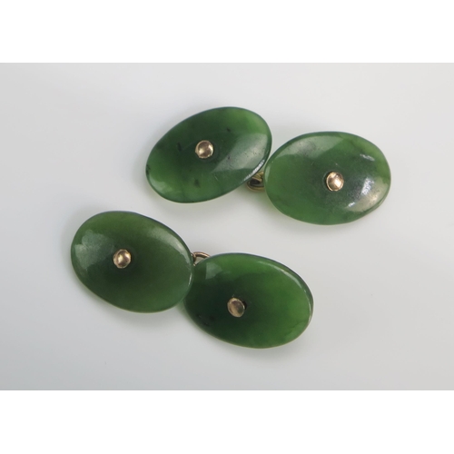 128 - A Pair of Jadeite and Yellow Metal Cufflinks, 5g