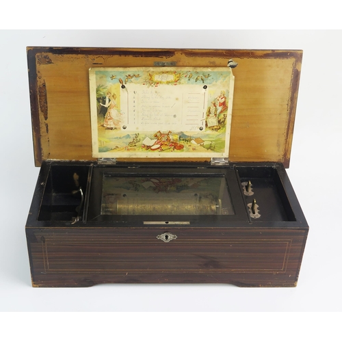 1284 - A 19th century Swiss musical box playing eight airs, with 16cm lever wind barrel, contained in a ros... 