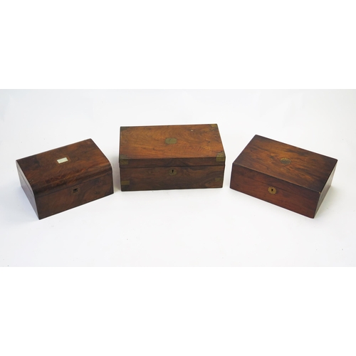 1287 - A Victorian walnut sewing box, 30cm wide,  a mahogany writing slope, 40cm wide and a rosewood box 34... 