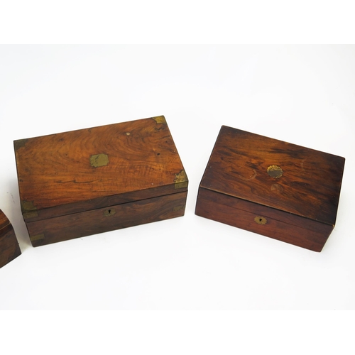 1287 - A Victorian walnut sewing box, 30cm wide,  a mahogany writing slope, 40cm wide and a rosewood box 34... 