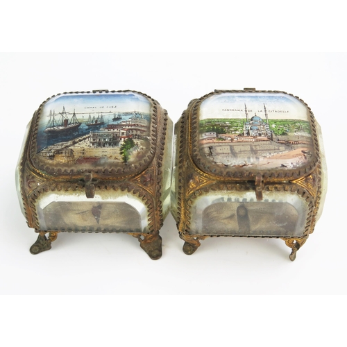 1308 - A pair of late Victorian glass and gilt metal mounted bijouterie display cases, of square outline,  ... 