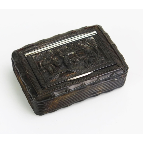 1326 - A late 19th century Chinese carved tortoiseshell snuff box, of rectangular outline, the hinged lid d... 